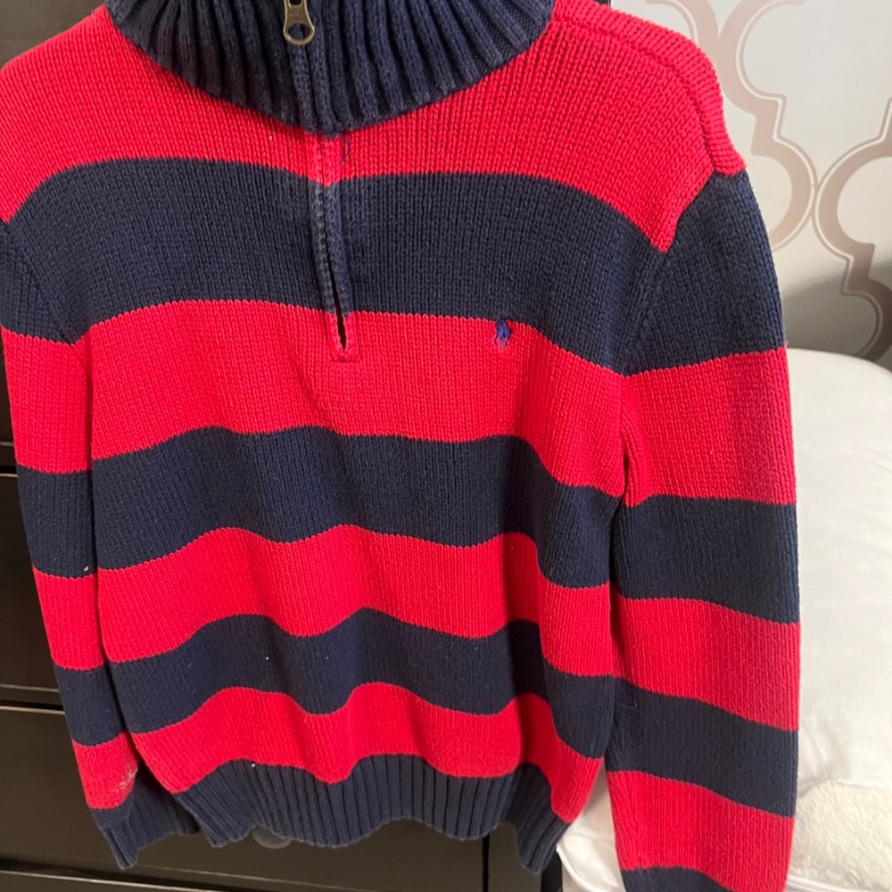 Polo by Ralph Lauren Navy and Red Striped Zip-Up Sweater